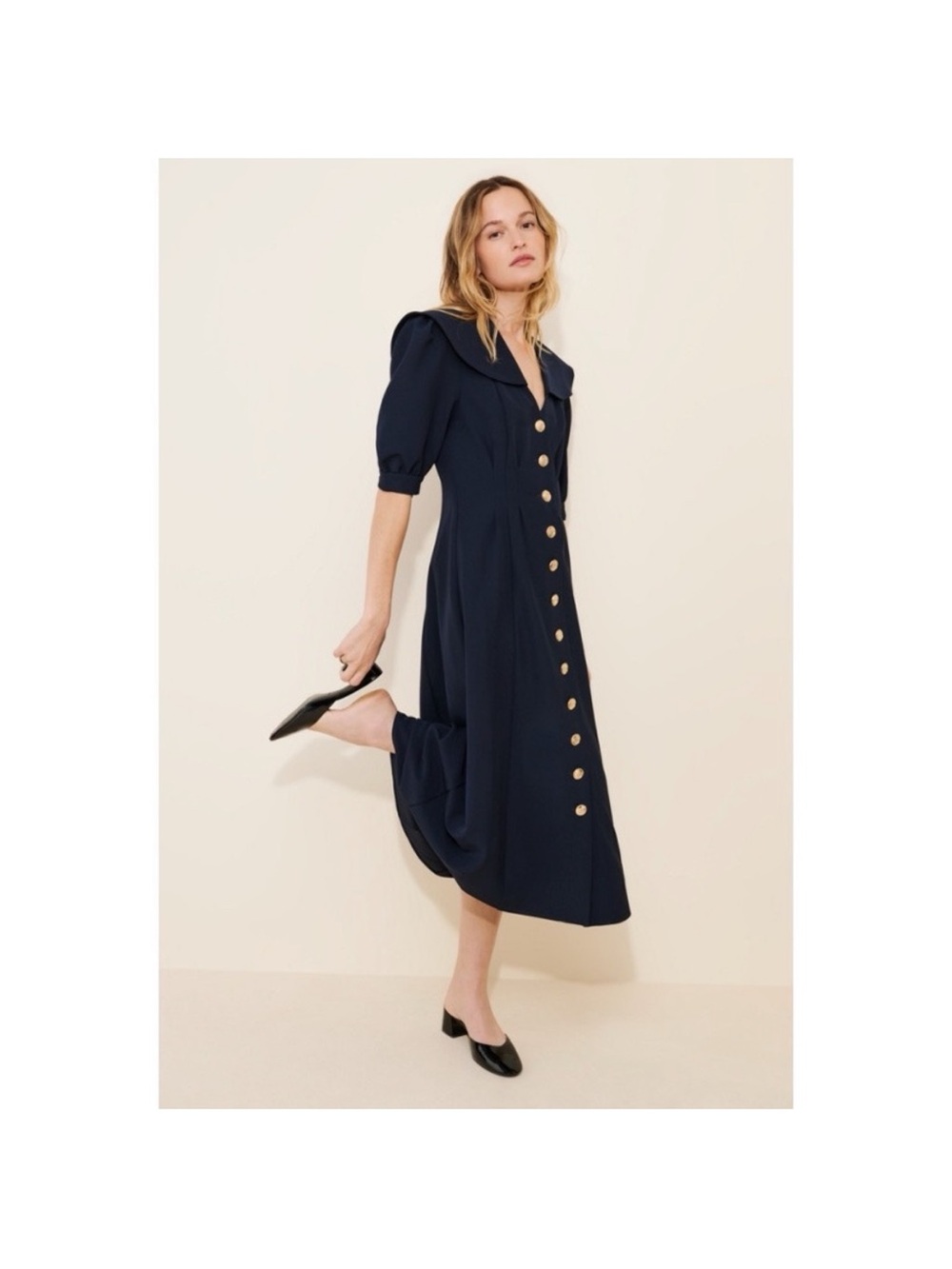 Ronny Kobo x Nuuly Rumi Button Front Midi Dress in Navy Blue size XS